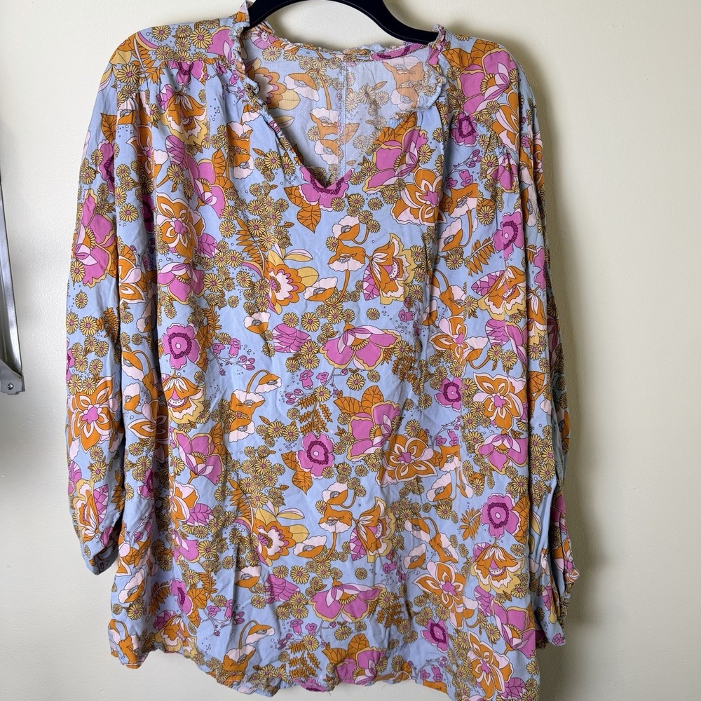 Babydoll Hippie Boho Top XL Blue Orange Retro Floral Short Sleeve Funky Grunge